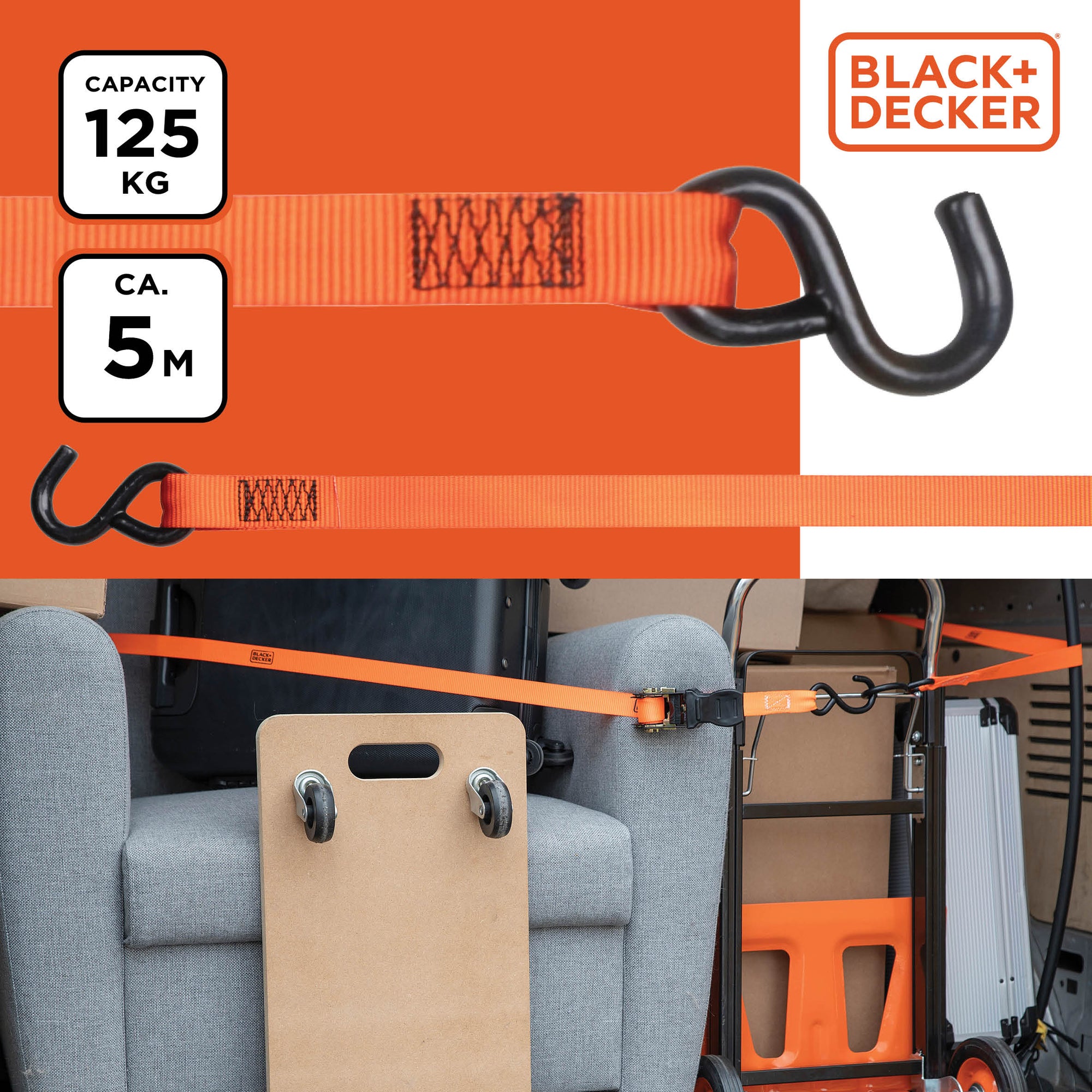 BLACK+DECKER SPANBAND MET RATEL 125KG 5M - Tuincentrum Lopik