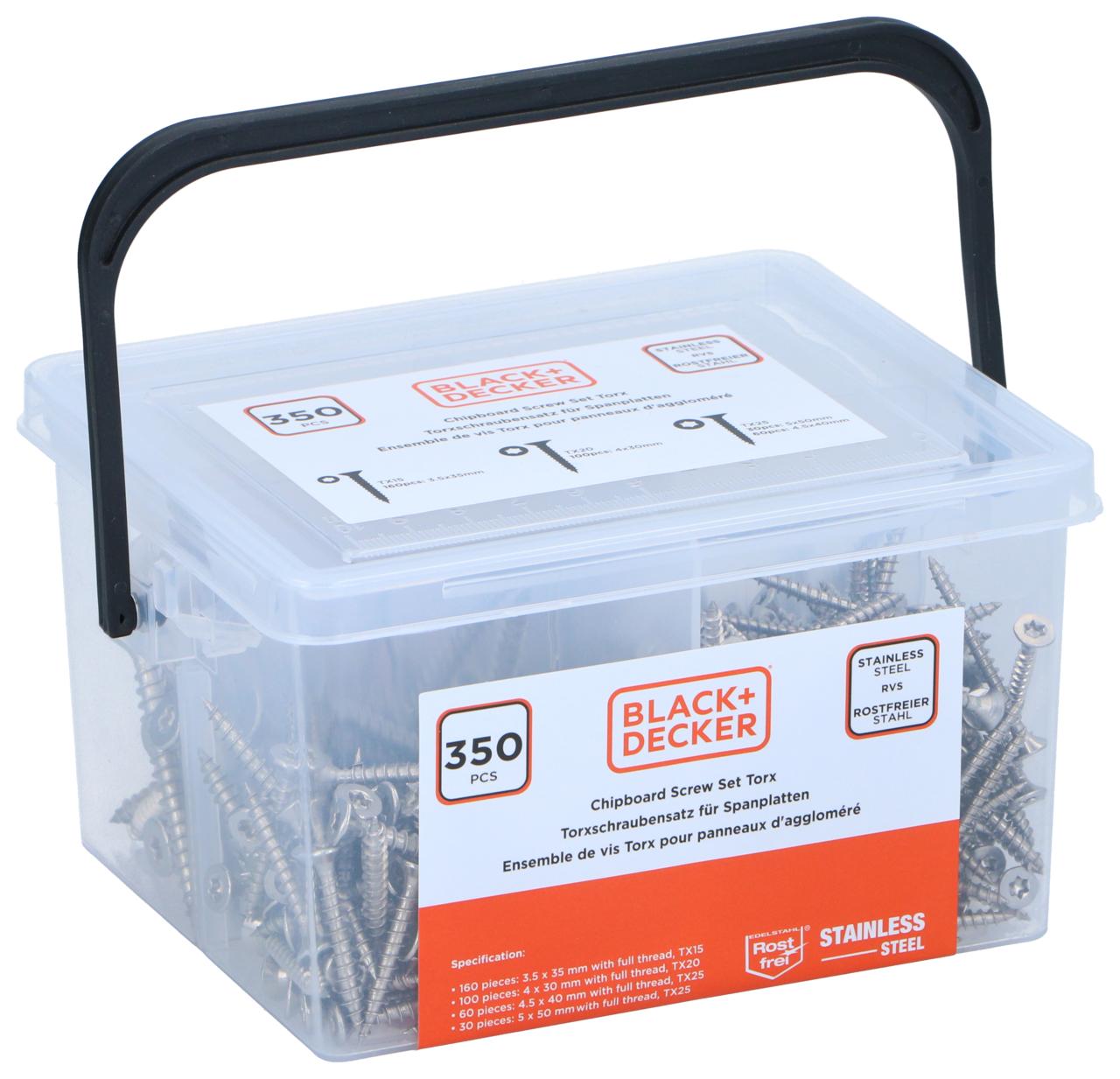 BLACK+DECKER SPAANPLAATSCHROEVEN SET RVS 350 STUKS - Tuincentrum Lopik