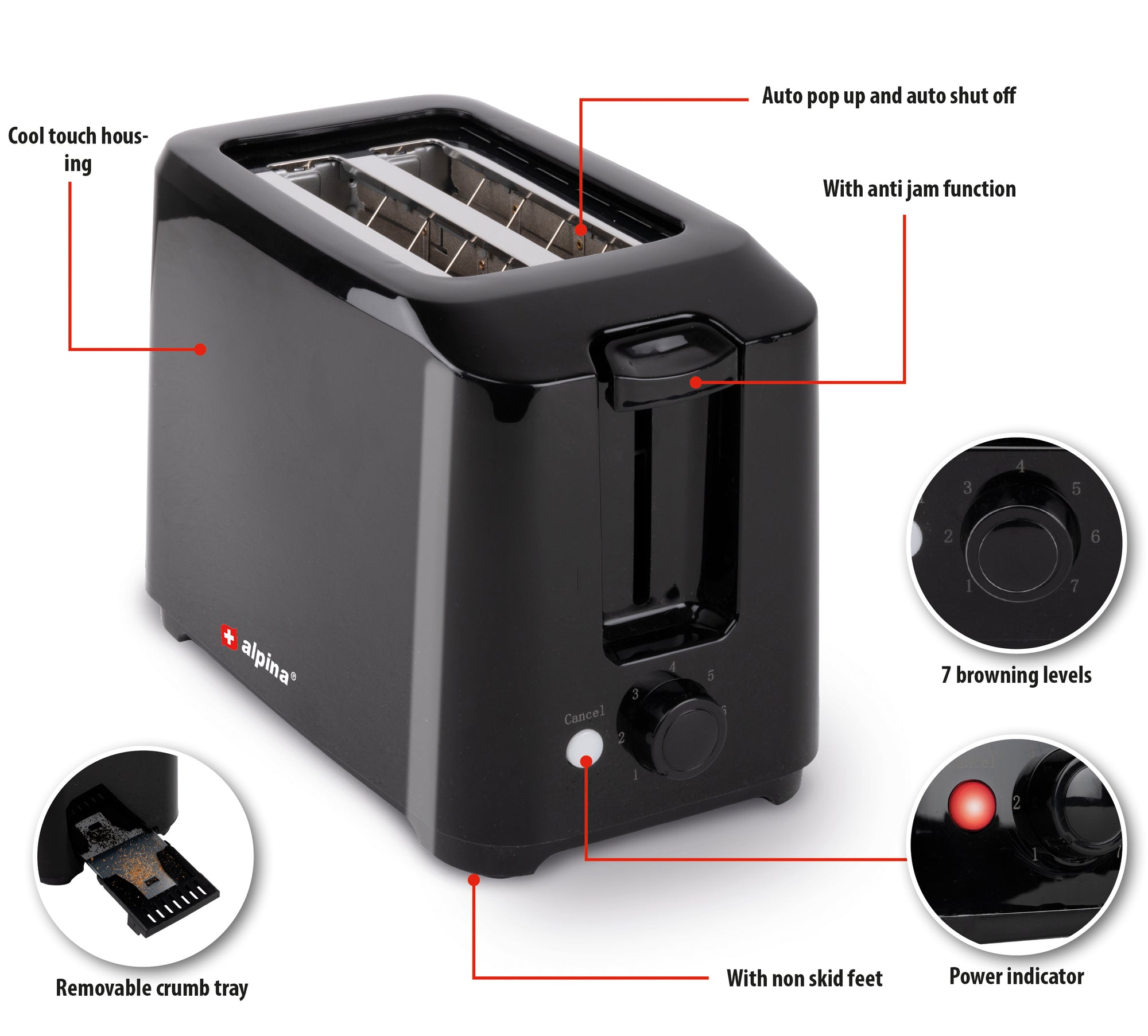 Toaster 700W  Pl Black