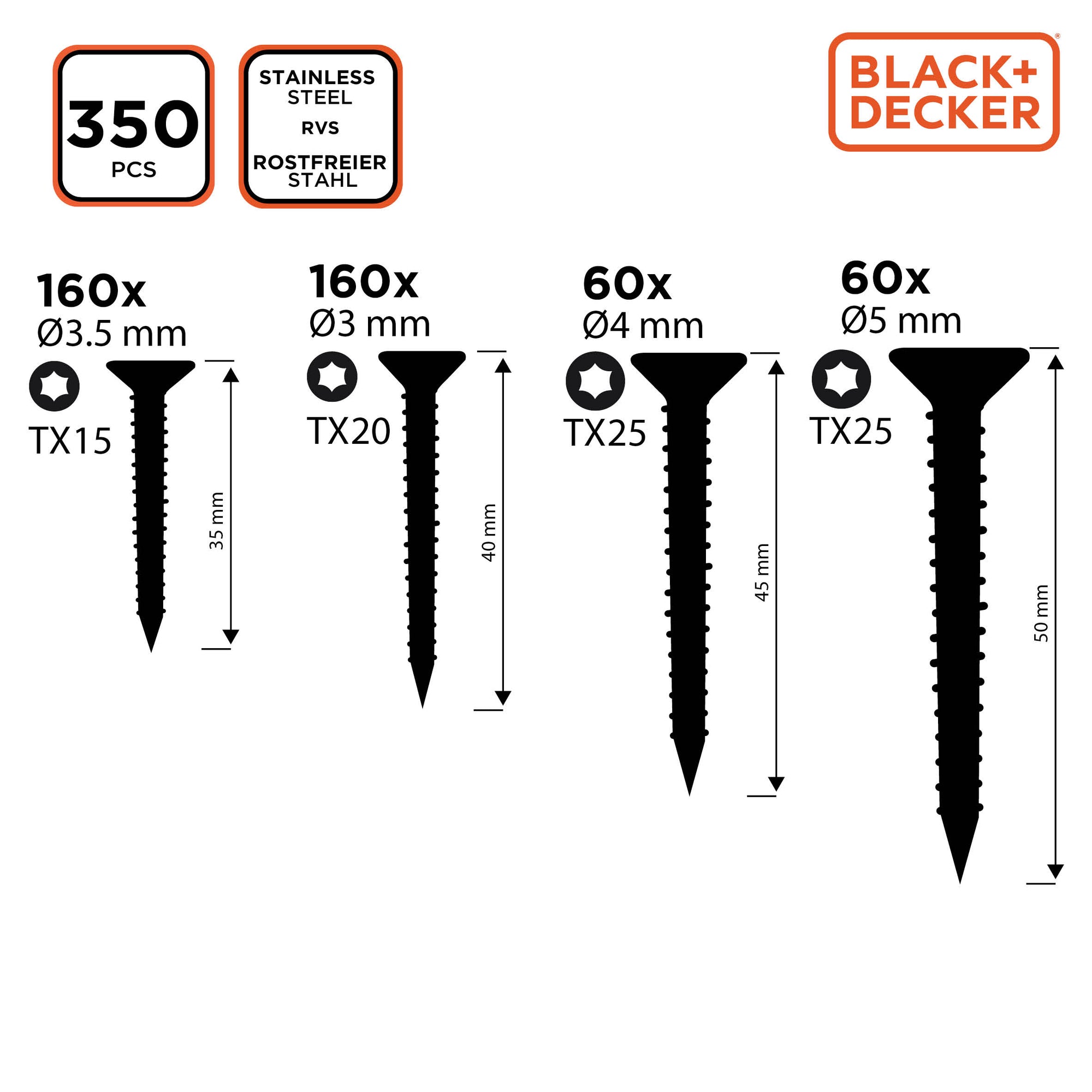 BLACK+DECKER SPAANPLAATSCHROEVEN SET RVS 350 STUKS - Tuincentrum Lopik