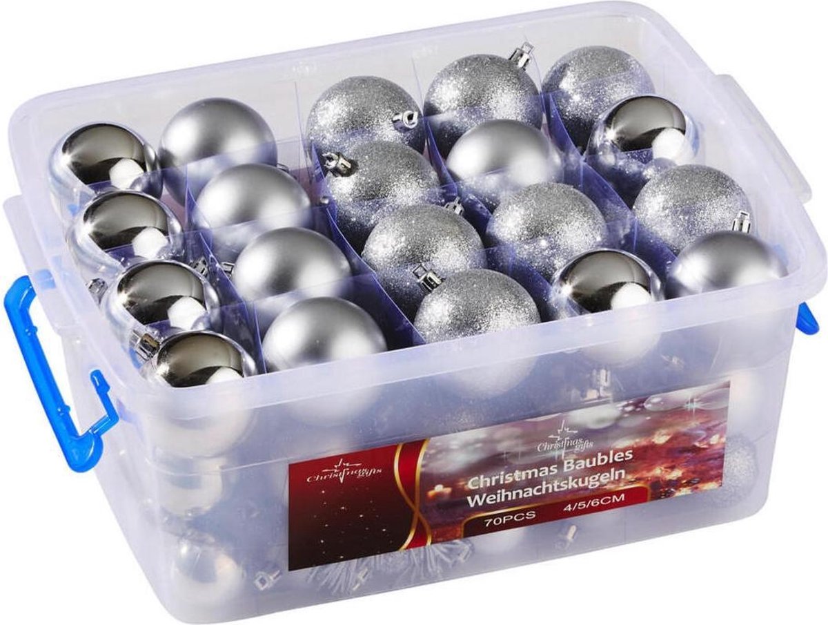 CHRISTMAS GIFTS KERSTBALLEN SET 70 STUKS ZILVER MET OPBERGBOX - Tuincentrum Lopik