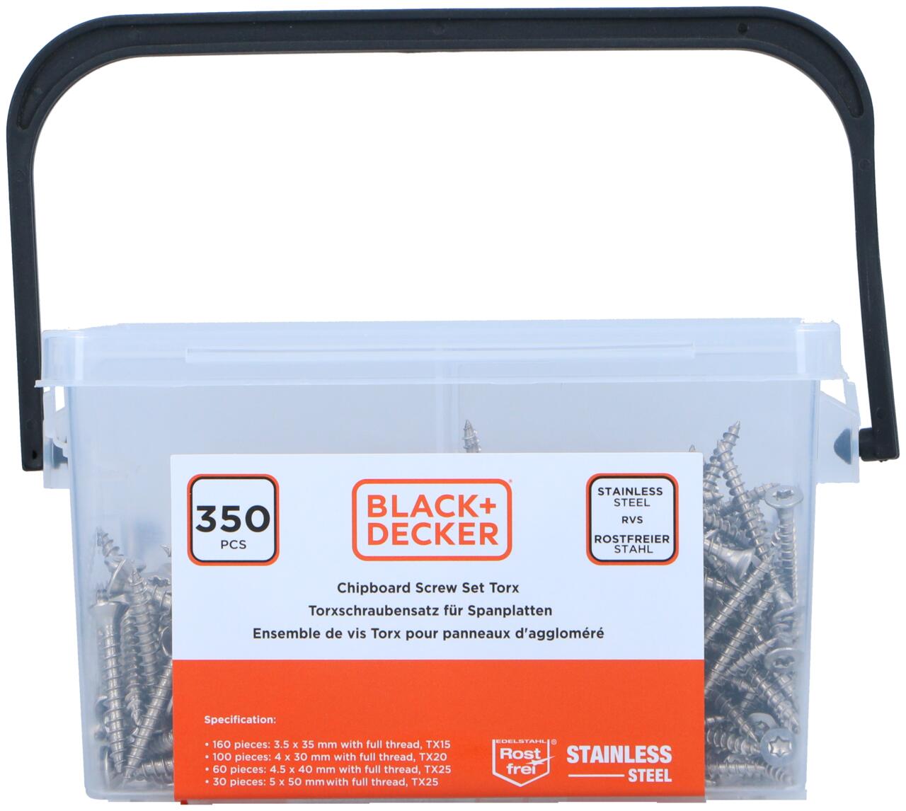BLACK+DECKER SPAANPLAATSCHROEVEN SET RVS 350 STUKS - Tuincentrum Lopik