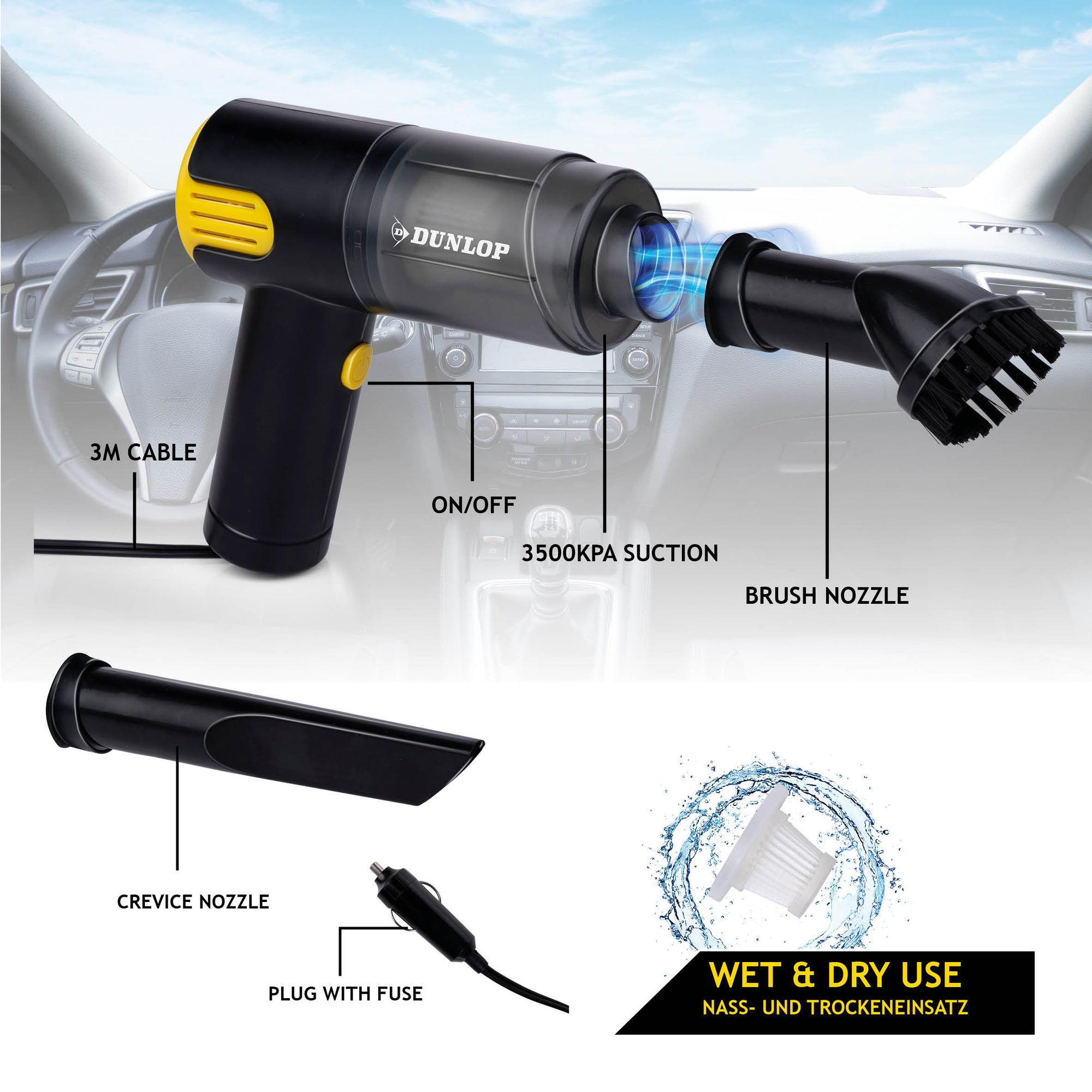 DUNLOP AUTOSTOFZUIGER 12V COMPACTE KRUIMELZUIGER - Tuincentrum Lopik