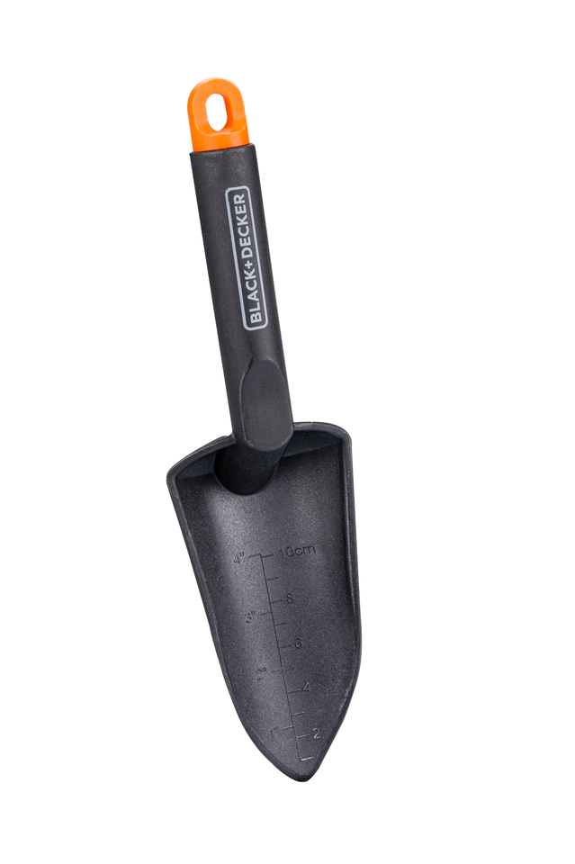 BLACK+DECKER TUINSCHEPJE POLYPROPYLEEN 30,5CM MET MAATAANDUIDING ZWART/ORANJE - Tuincentrum Lopik