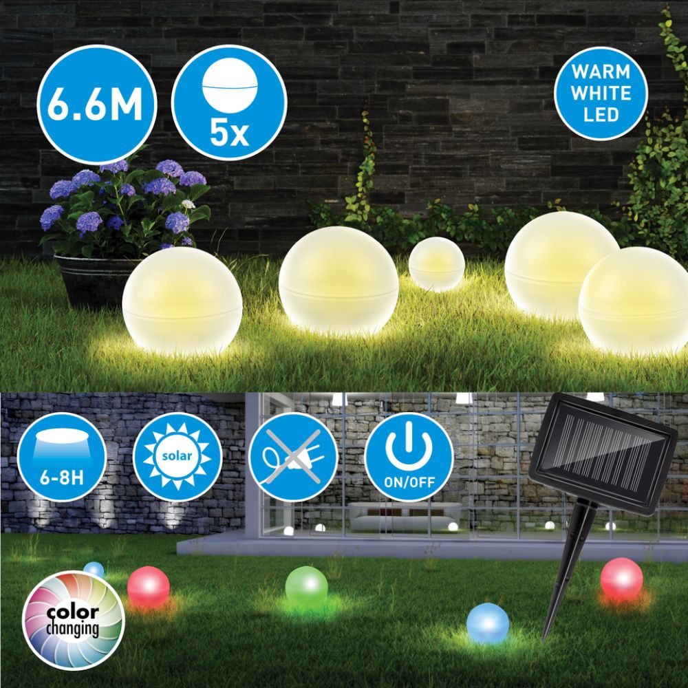 GRUNDIG SOLAR LICHTBOLLEN 5 STUKS 6.6M KLEURWISSELEND LED - Tuincentrum Lopik