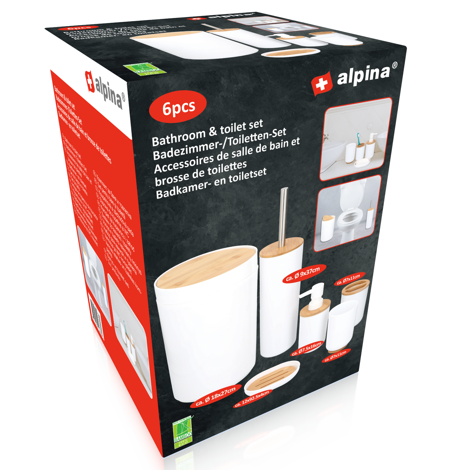 ALPINA BADKAMER & TOILET SET 6-DELIG WIT MET BAMBOE - Tuincentrum Lopik