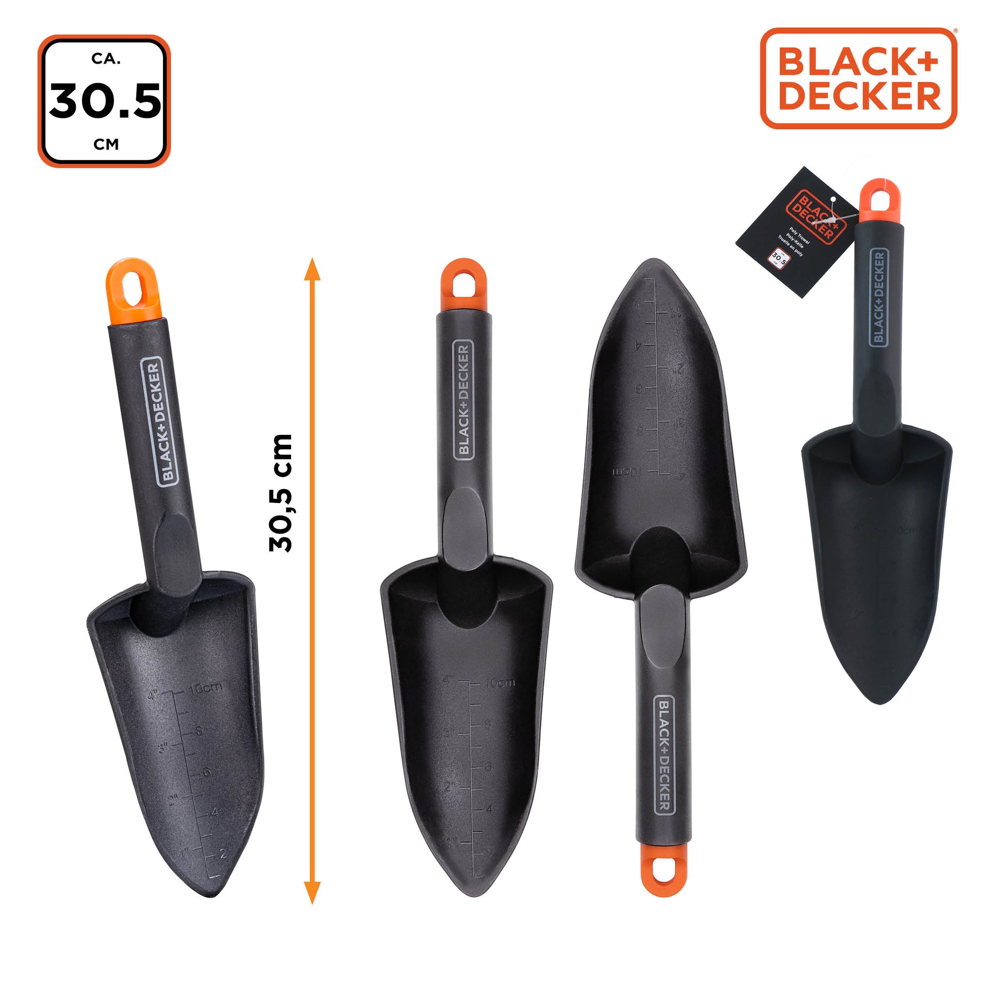 BLACK+DECKER TUINSCHEPJE POLYPROPYLEEN 30,5CM MET MAATAANDUIDING ZWART/ORANJE - Tuincentrum Lopik