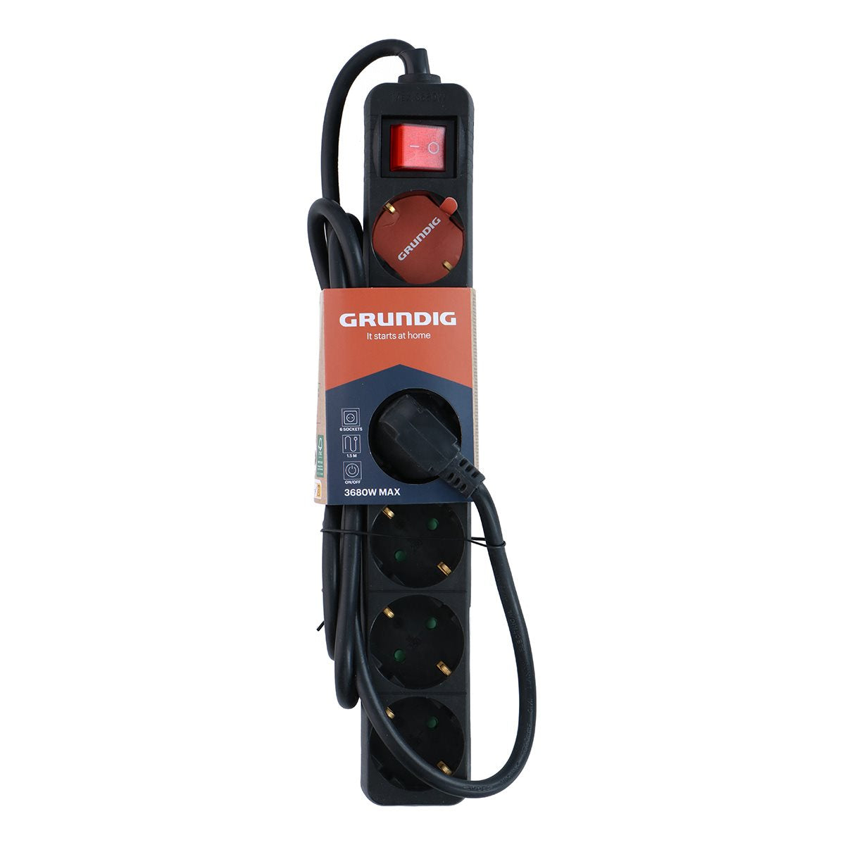 GRUNDIG STEKKERDOOS 6-VOUDIG MET SCHAKELAAR 1,5M ZWART - Tuincentrum Lopik