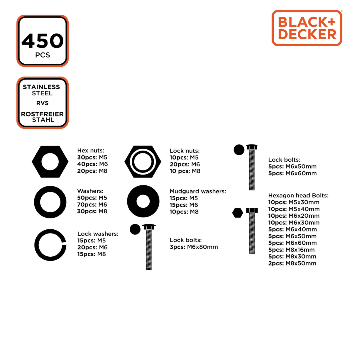 BLACK+DECKER BOUTEN & MOEREN SET 450 STUKS RVS GESORTEERD - Tuincentrum Lopik