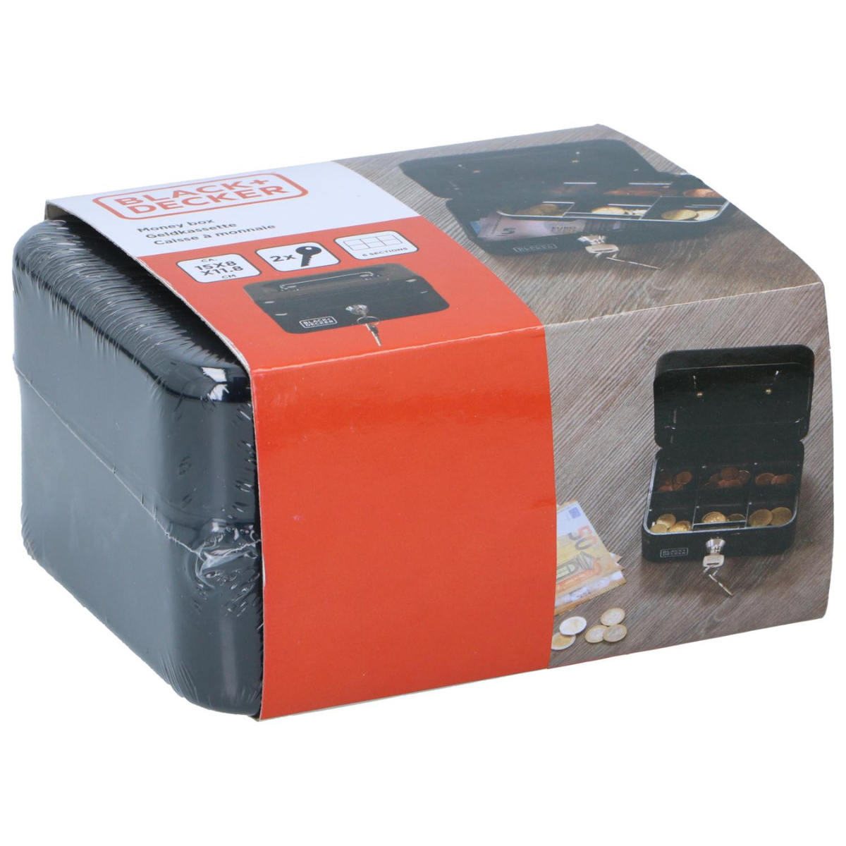 BLACK+DECKER GELDKISTJE MET SLEUTEL 15X8X11,8CM METAAL ZWART - Tuincentrum Lopik