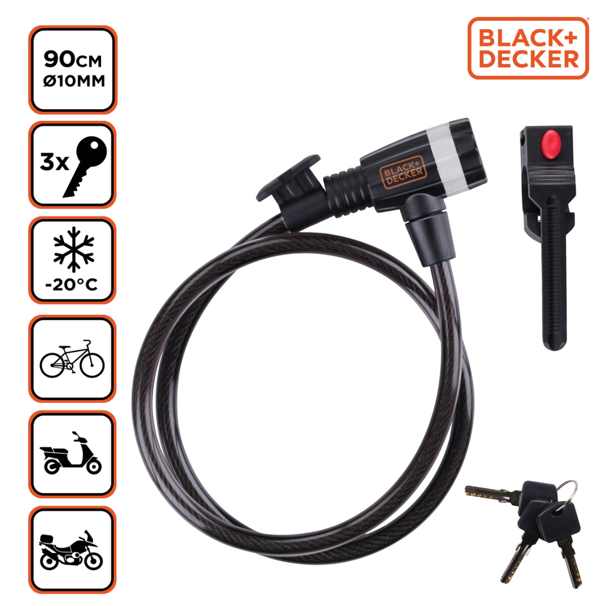 BLACK+DECKER KABELSLOT FIETSSLOT 90CM 10MM MET 3 SLEUTELS PVC/STAAL ZWART - Tuincentrum Lopik