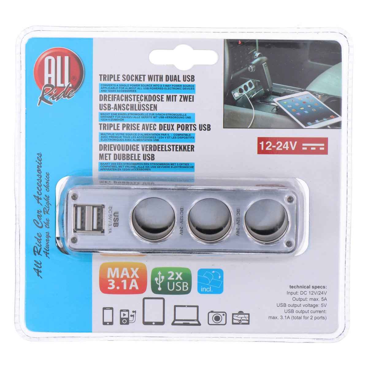 ALL RIDE USB AUTOLADER DUAL 12/24V 3,1A + 3X 12V AANSLUITINGEN - Tuincentrum Lopik