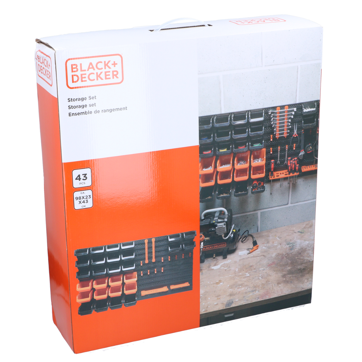 BLACK+DECKER GEREEDSCHAPSWAND 43-DELIG MET OPBERGBAKJES EN HANGERS 98X43CM - Tuincentrum Lopik