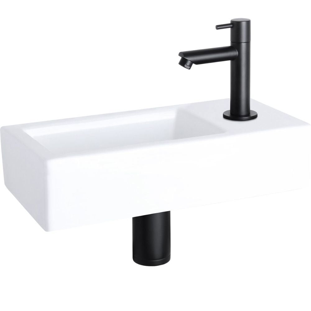 DIFFERNZ HELIOS FONTEINSET KERAMIEK WIT KRAAN RECHT MAT ZWART RECHTS 37.5X18.5X9.5CM - Tuincentrum Lopik