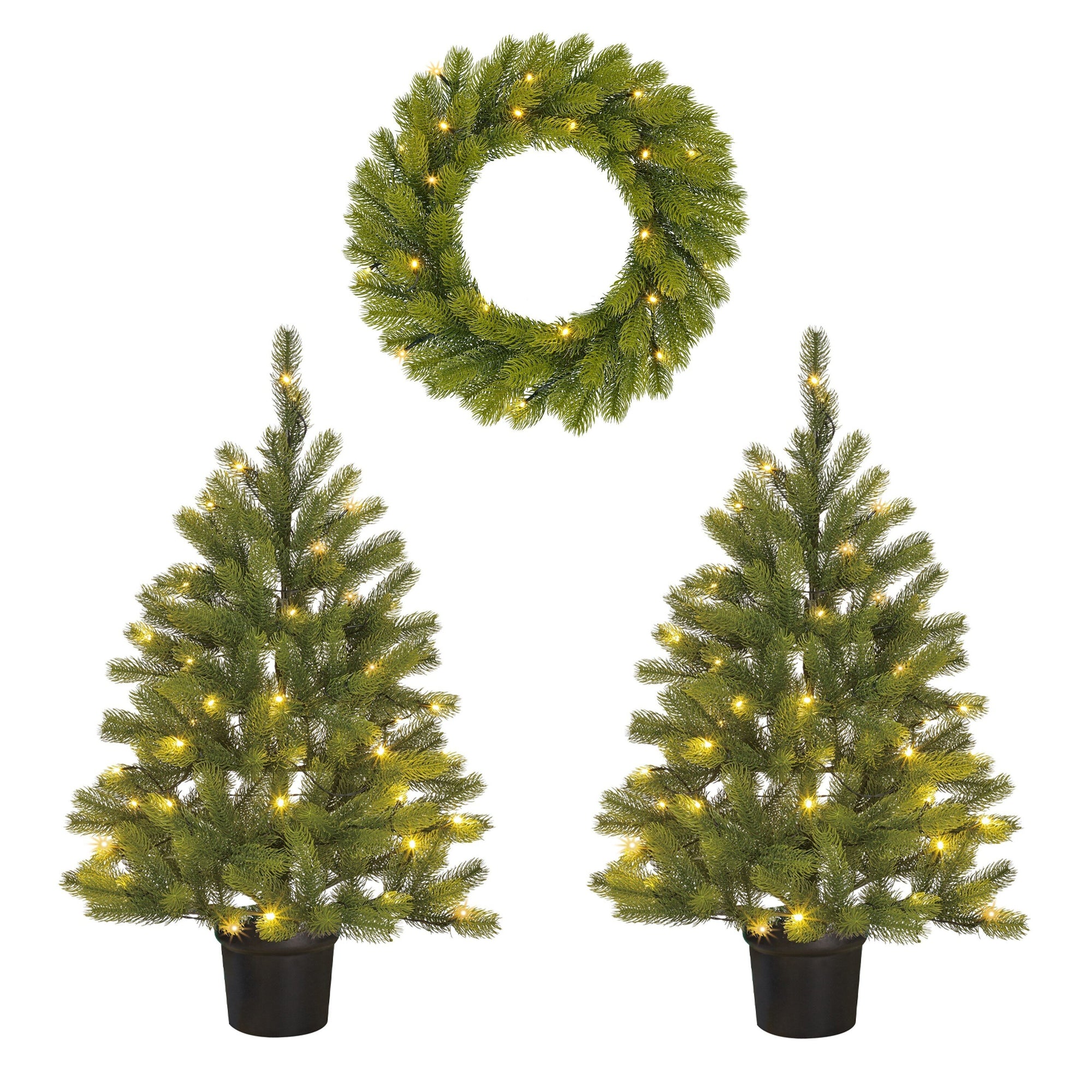 Nagoya Set Of 2 Christmas Trees And 1 Wreath For Outdoor Use With Led Lights And Timer Function - H90 X Ø45 Cm - Green