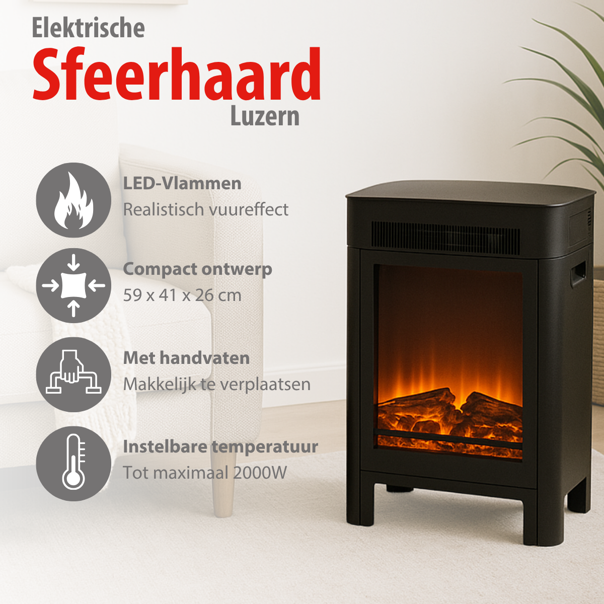 ALPINA SFEERHAARD LUZERN LED 1800W MET VERWARMING EN VLAMEFFECT - Tuincentrum Lopik