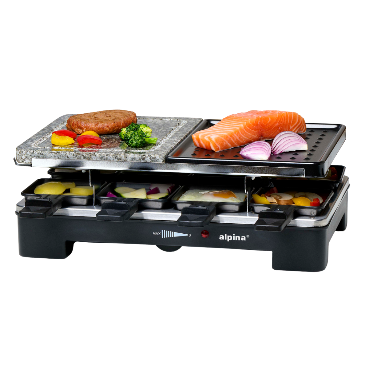 ALPINA RACLETTE STEENGRILL 1200-1400W - 8 PERSONEN MET NATUURSTEEN - Tuincentrum Lopik