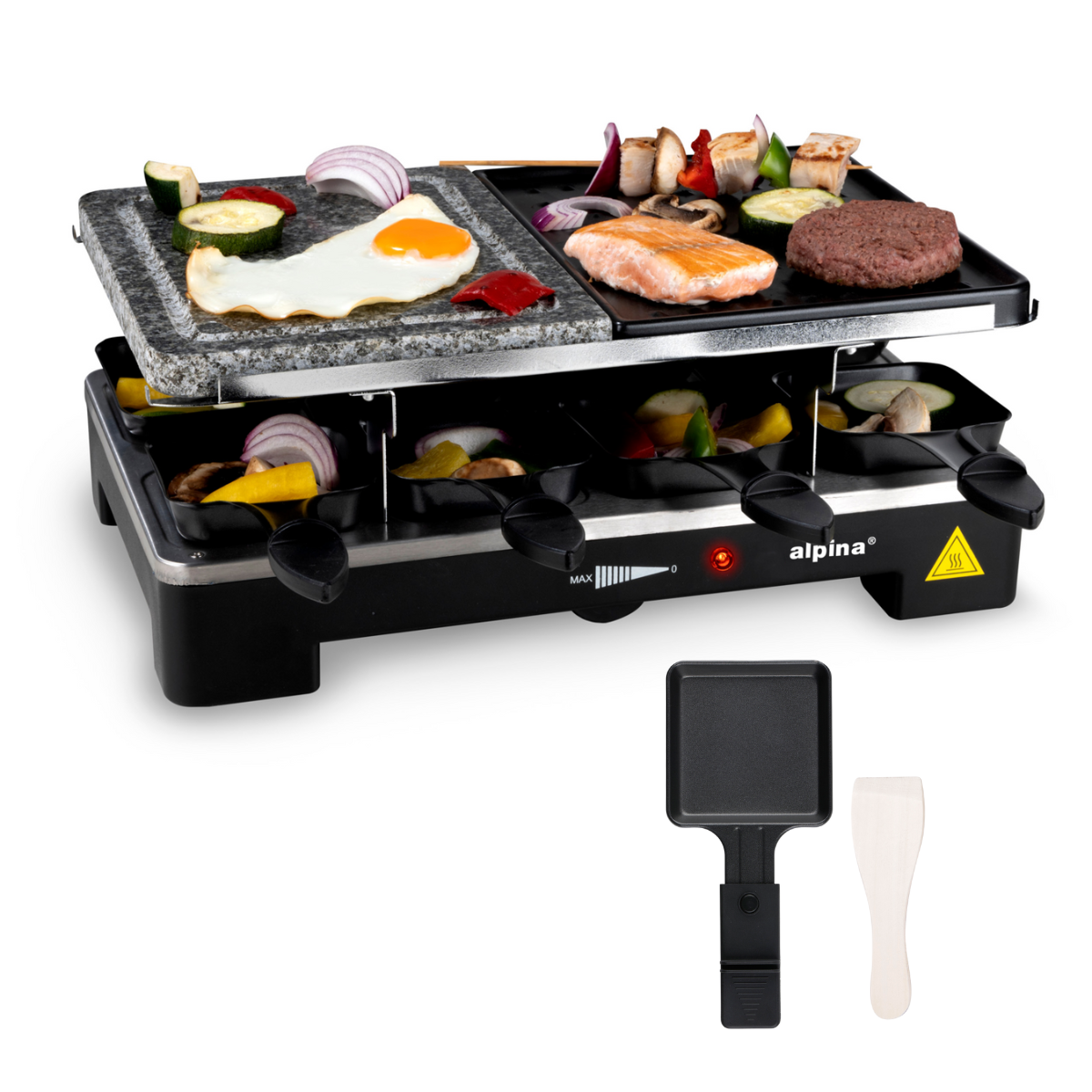 ALPINA RACLETTE STEENGRILL 1200-1400W - 8 PERSONEN MET NATUURSTEEN - Tuincentrum Lopik