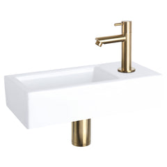 Differnz  Helios Fonteinset - Keramiek Wit - Koudwaterkraan Recht Mat Goud - Kraan Rechts - Always Open Afvoerplug - 37.5 X 18.5 X 9 Cm - Tuincentrum Lopik