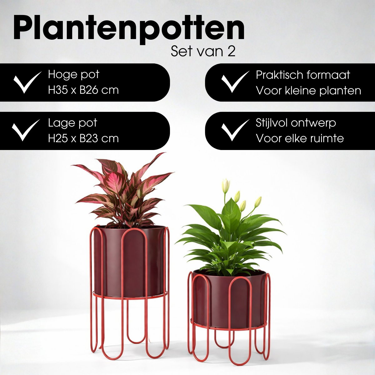 MICA DECORATIONS DIONE BLOEMPOT OP STANDAARD DONKERROOD IJZER SET VAN 2 - Tuincentrum Lopik