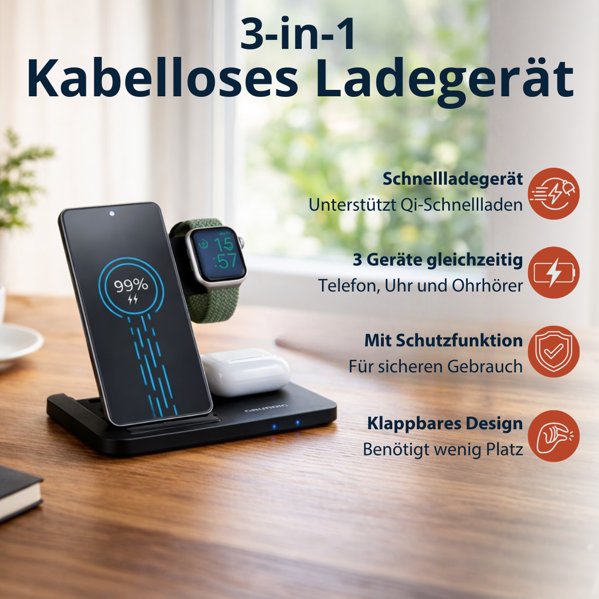 GRUNDIG 3-IN-1 DRAADLOOS OPLAADSTATION QI - SMARTPHONE/SMARTWATCH/OORTJES - Tuincentrum Lopik