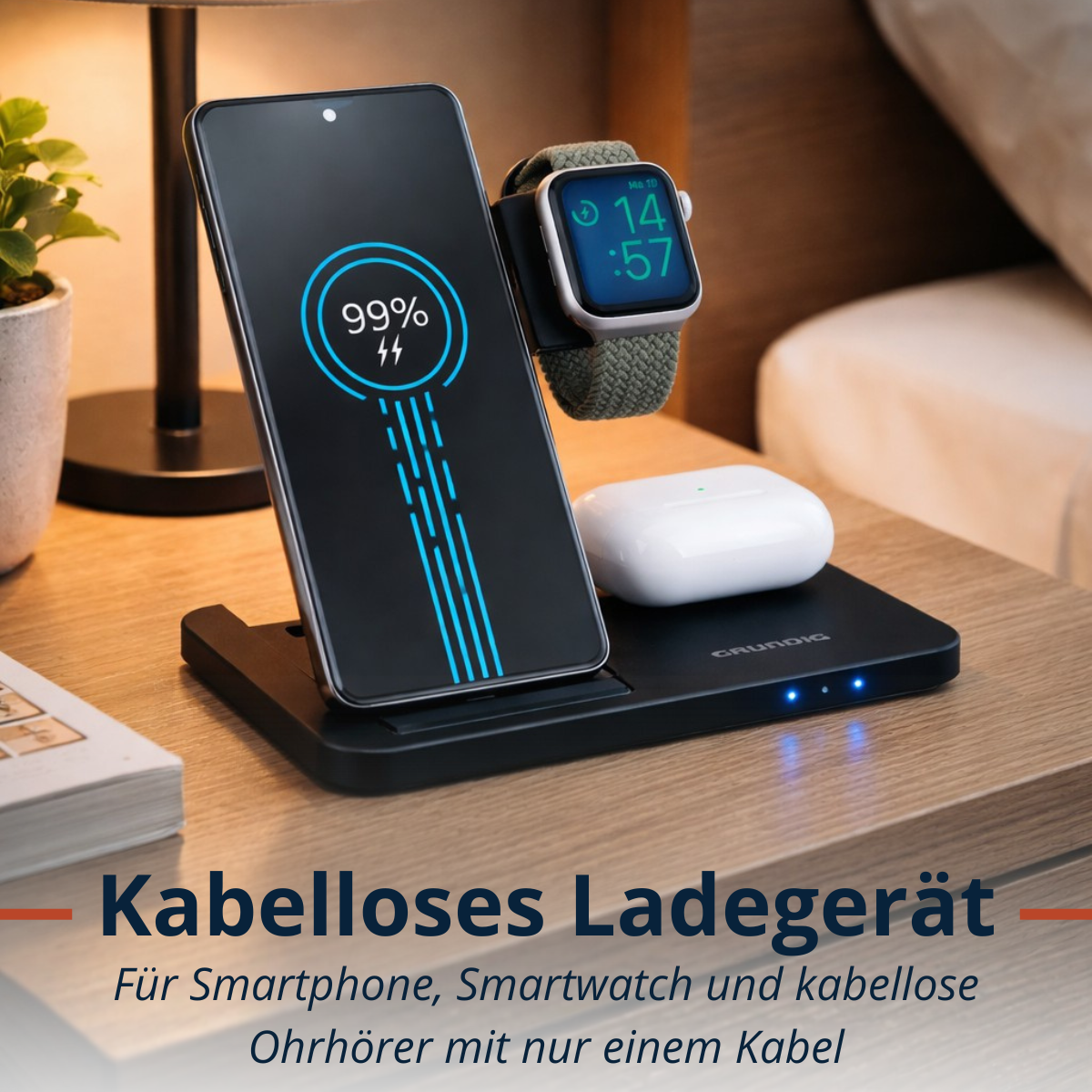 GRUNDIG 3-IN-1 DRAADLOOS OPLAADSTATION QI - SMARTPHONE/SMARTWATCH/OORTJES - Tuincentrum Lopik
