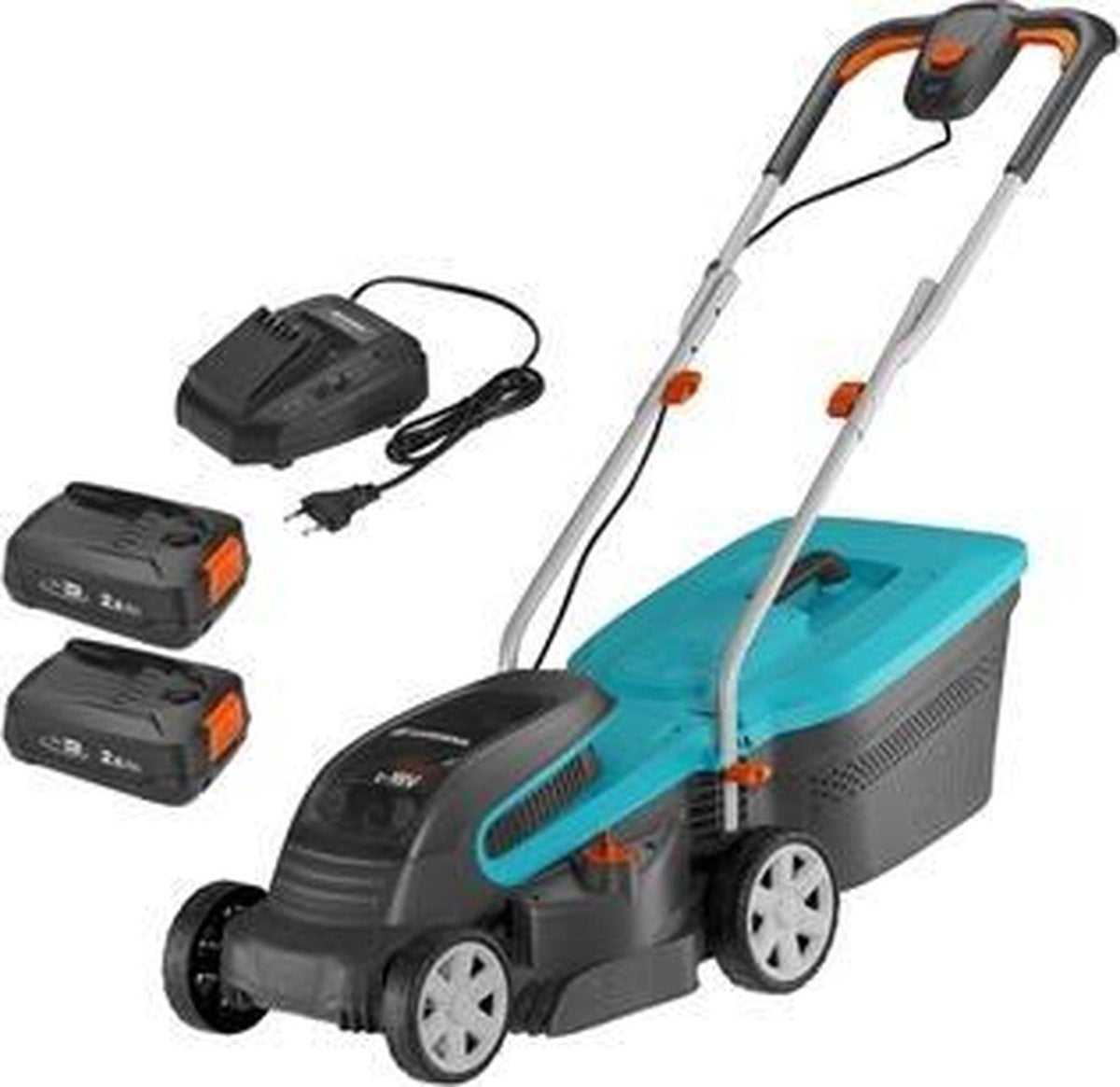  POWERMAX 32/36V P4A ACCU GRASMAAIER 32 CM 200 M² INCLUSIEF TWEE 18V ACCU'S EN LADER