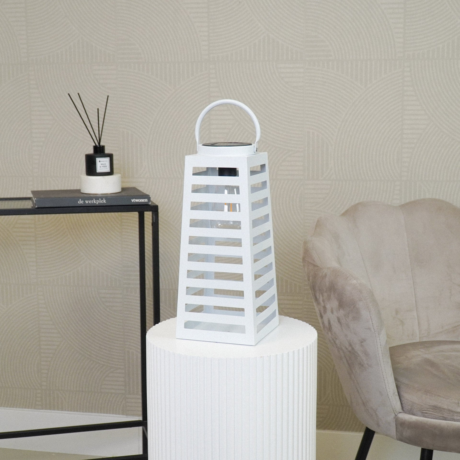 HOUSEVITAMIN LAMP LANTAARN SOLAR METAAL WIT 14X32,5CM