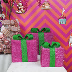 HOUSEVITAMIN SET VAN 3 LED KERSTCADEAUS POLYSTYREEN ROZE/GROEN 15/20/25 CM