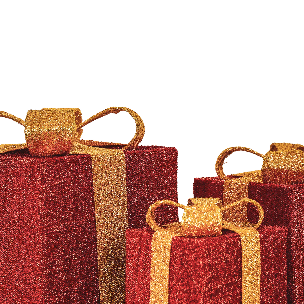 HOUSEVITAMIN SET VAN 3 LED KERSTCADEAUS POLYSTYREEN ROOD/GOUD 15/20/25 CM