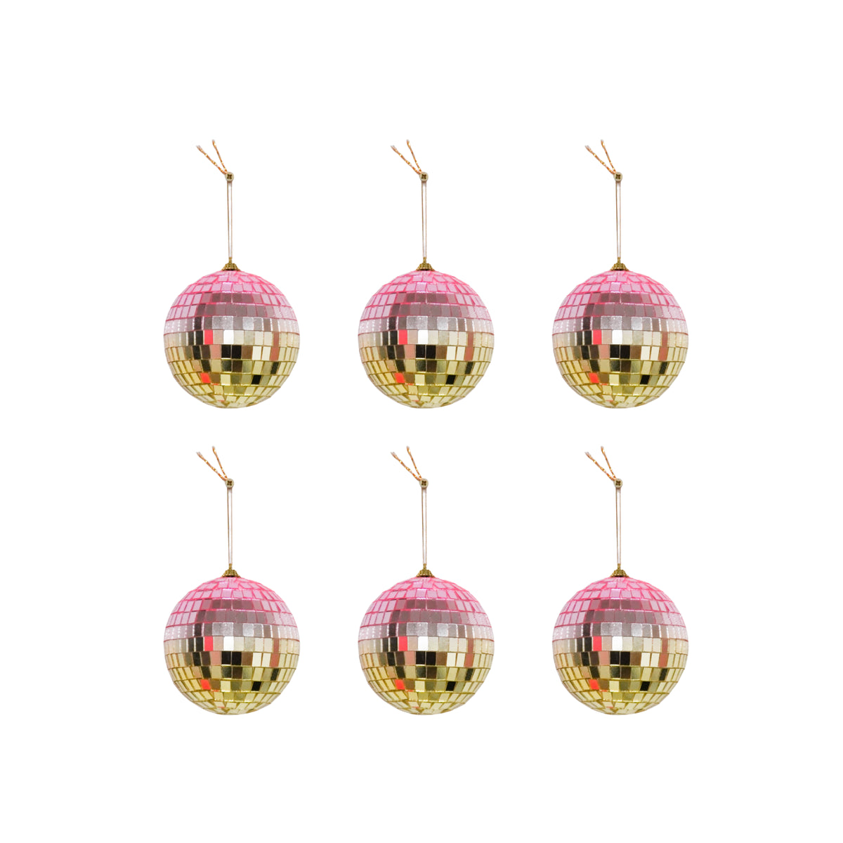 HOUSEVITAMIN SET VAN 6 KERSTHANGERS DISCOBAL SCHUIM/GLAS ROZE/GOUD 6 CM