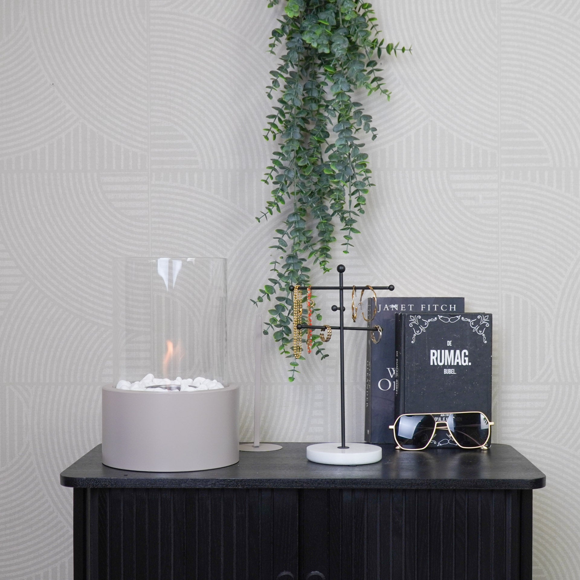 HOUSEVITAMIN TABLE BURNER ROUND METAL/GLASS TAUPE 18X18X26,5CM