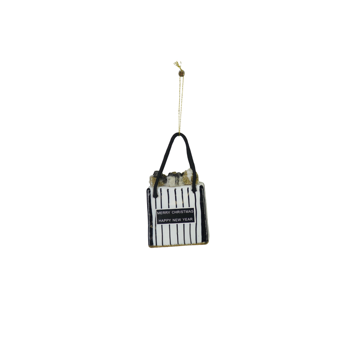 HOUSEVITAMIN KERSTHANGER SHOPPING BAG GLAS ZWART/WIT/GOUD 8,5 CM