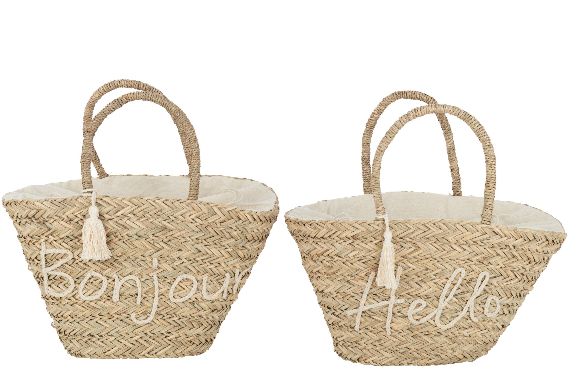 J-LINE STRANDTAS BONJOUR/HELLO TASSEL JUTE NATUREL/WIT ASSORTIMENT VAN 2 L49XB38XH51CM - Tuincentrum Lopik