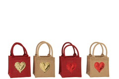 J-LINE TASJE HEART PAILLETTEN JUTE NATUREL/ROOD ASSORTIMENT VAN 4 - Tuincentrum Lopik