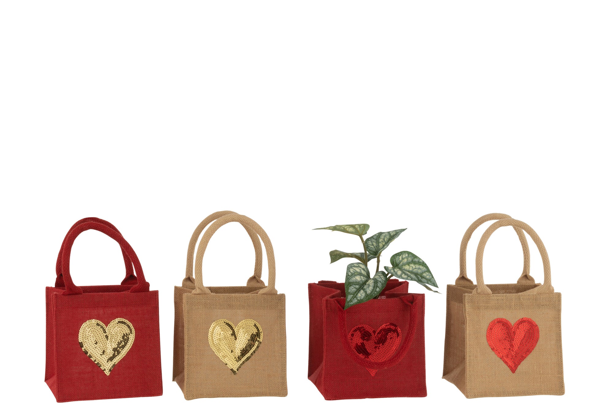J-LINE TASJE HEART PAILLETTEN JUTE NATUREL/ROOD ASSORTIMENT VAN 4 - Tuincentrum Lopik