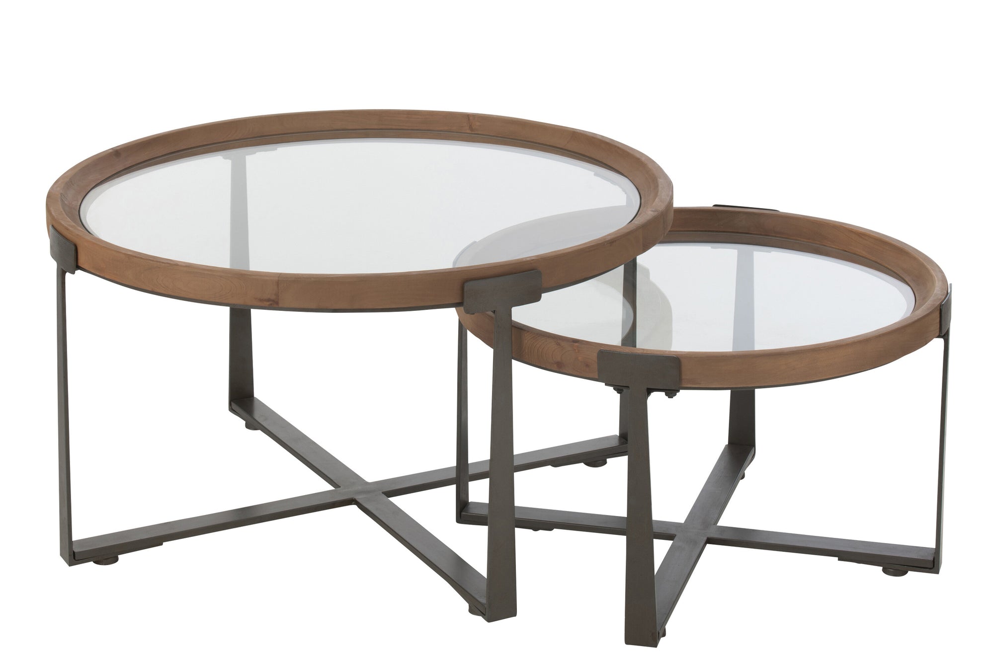 J-LINE SALONTAFEL LUKI GLAS/DENNENHOUT NATUREL/ZWART SET VAN 2 - Tuincentrum Lopik
