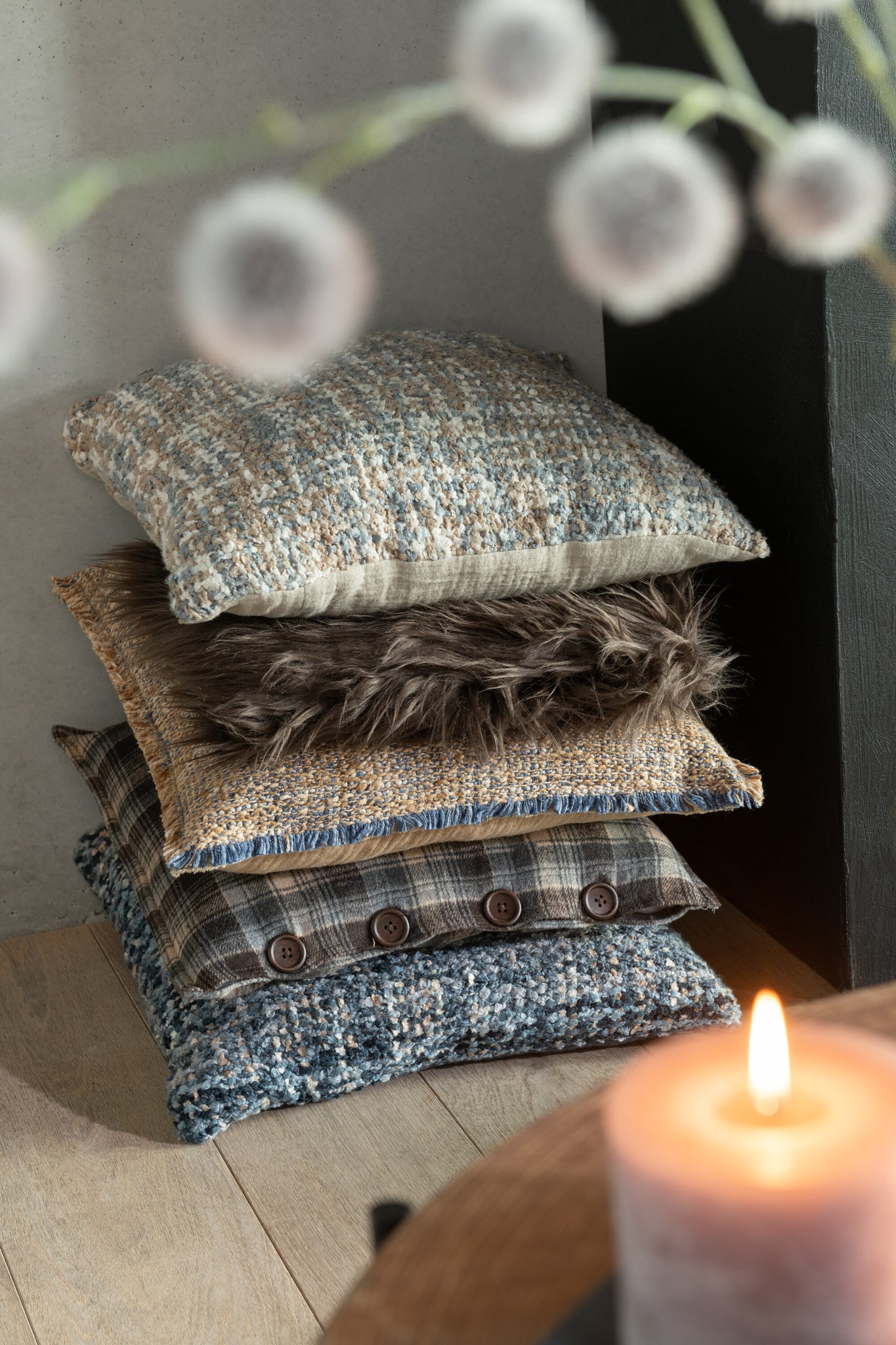 Kussen Tweed Acryl/Katoen Blauw/Wit - Tuincentrum Lopik