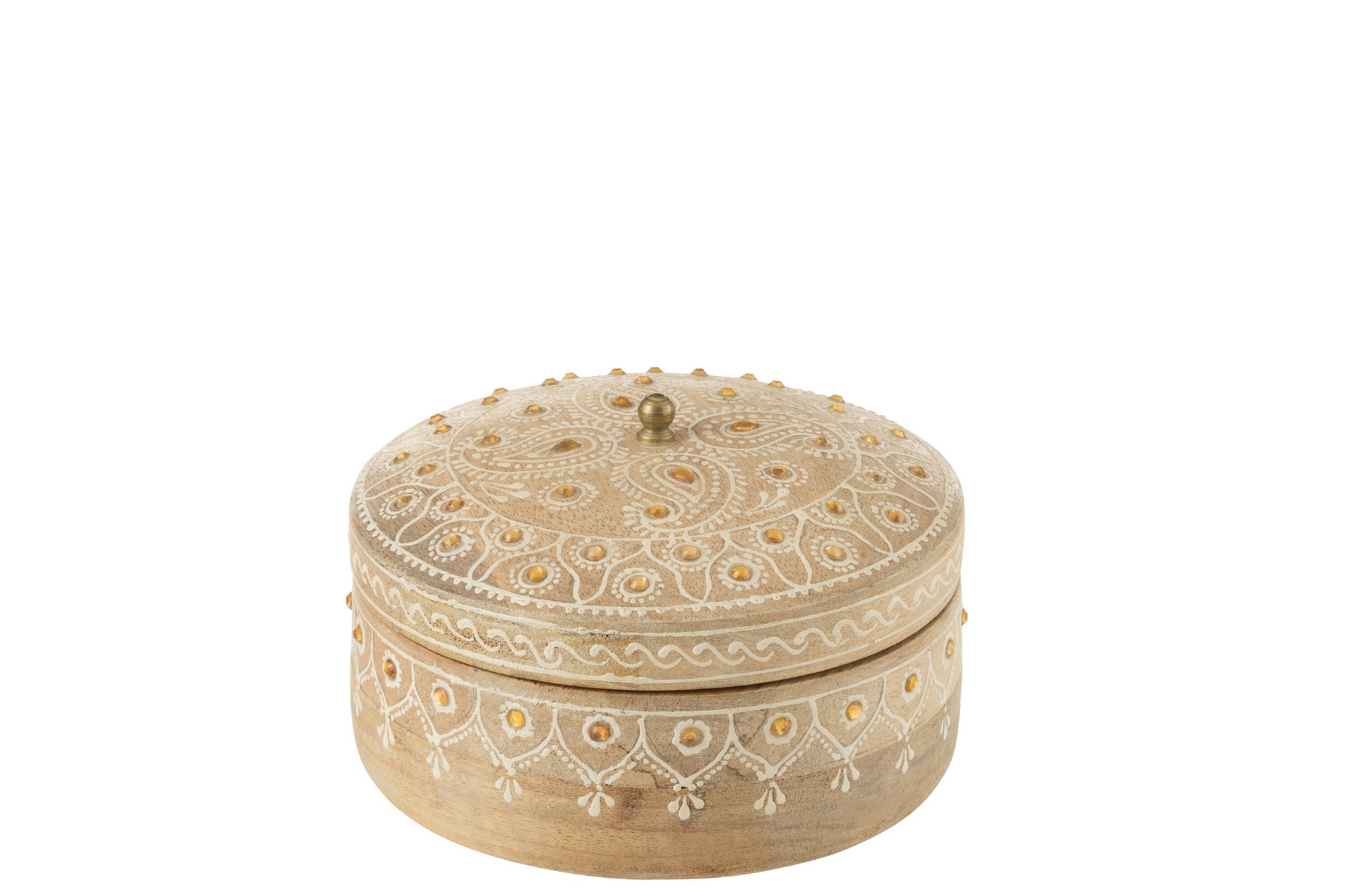 J-LINE BOX + LID BEADS ROUND MANGO WOOD NATURAL/WHITE SMALL - Tuincentrum Lopik