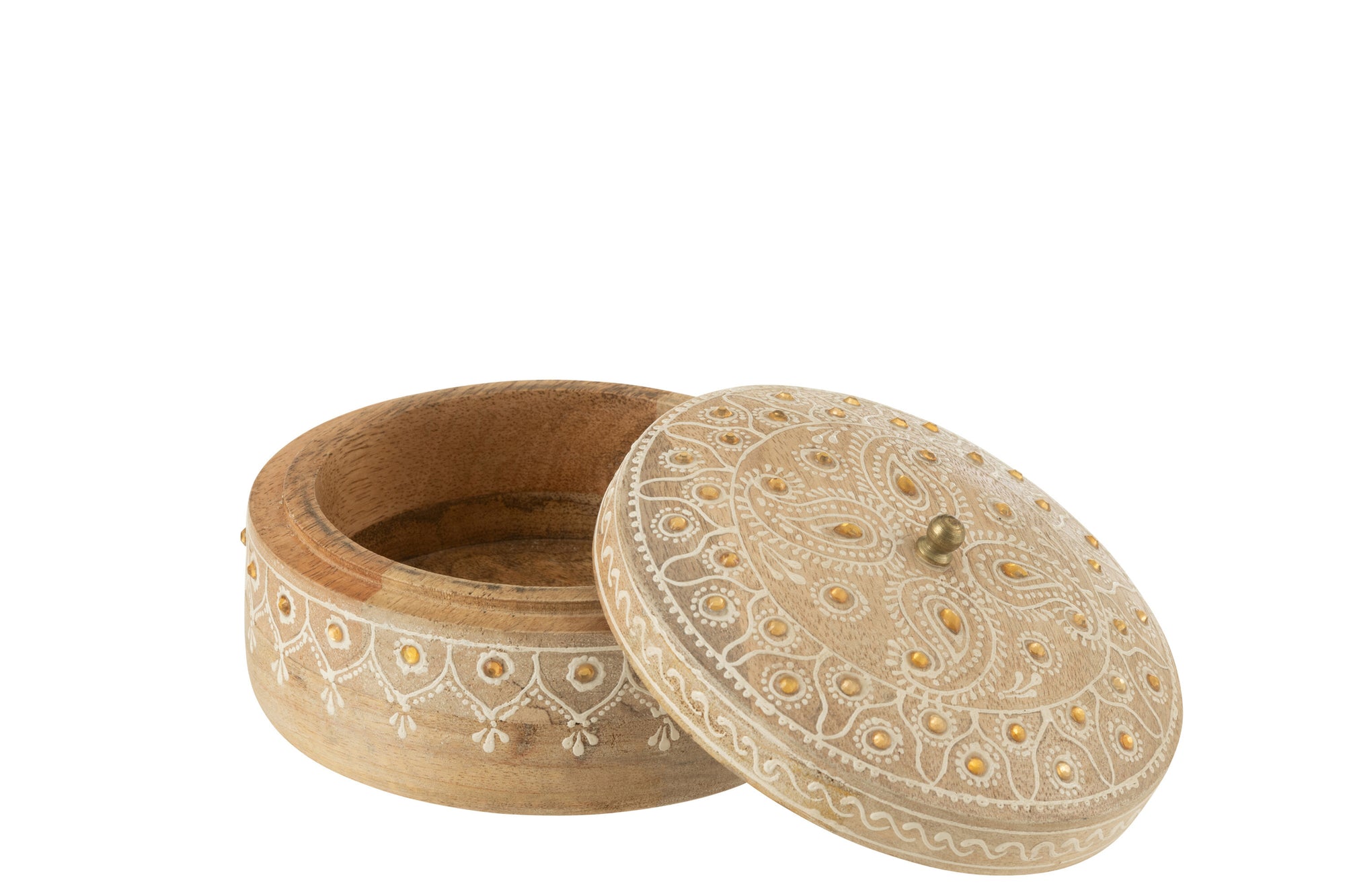 J-LINE BOX + LID BEADS ROUND MANGO WOOD NATURAL/WHITE SMALL - Tuincentrum Lopik