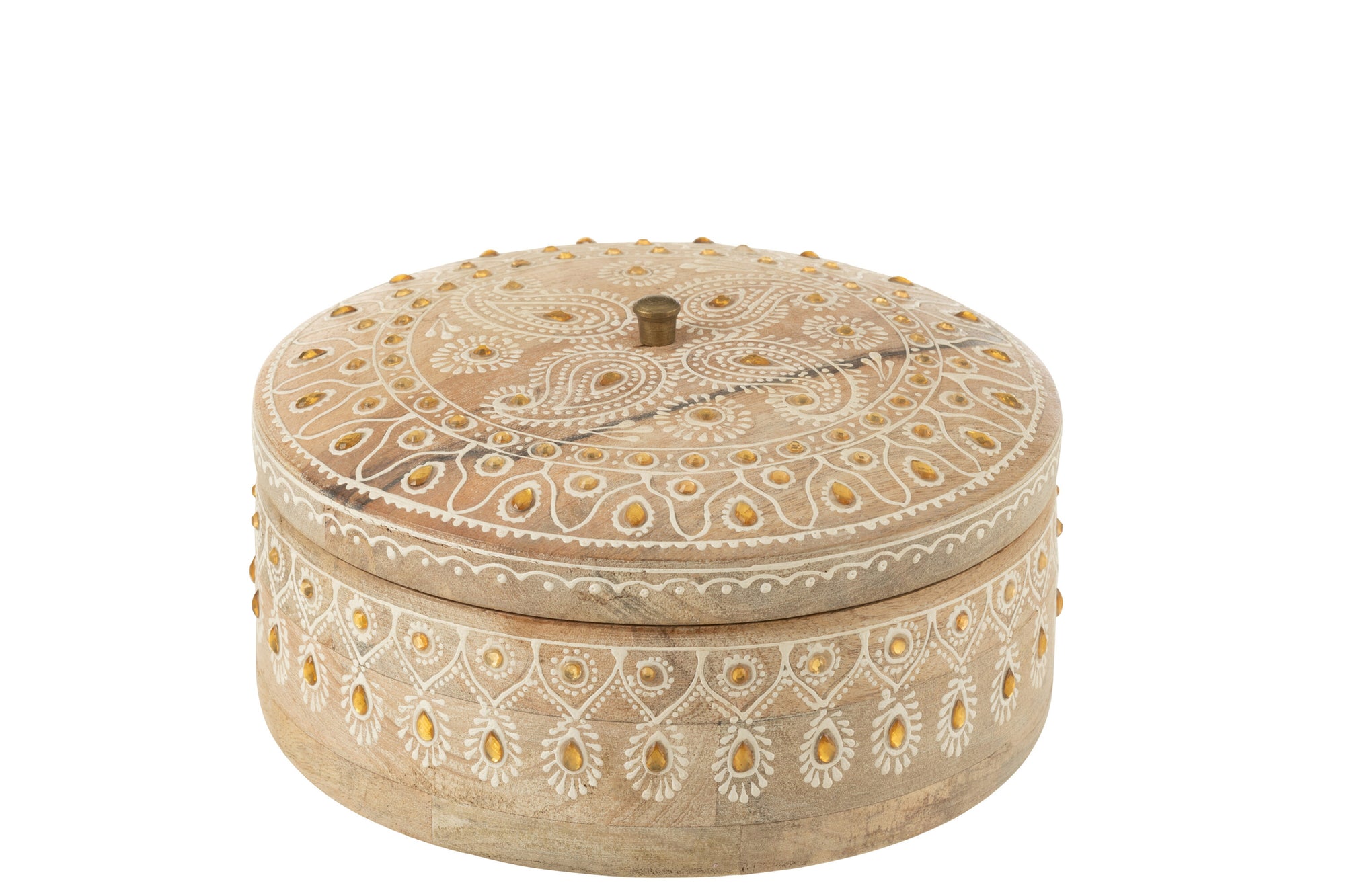 J-LINE BOX + LID BEADS ROUND MANGO WOOD NATURAL/WHITE LARGE - Tuincentrum Lopik