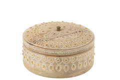 J-LINE BOX + LID BEADS ROUND MANGO WOOD NATURAL/WHITE LARGE - Tuincentrum Lopik