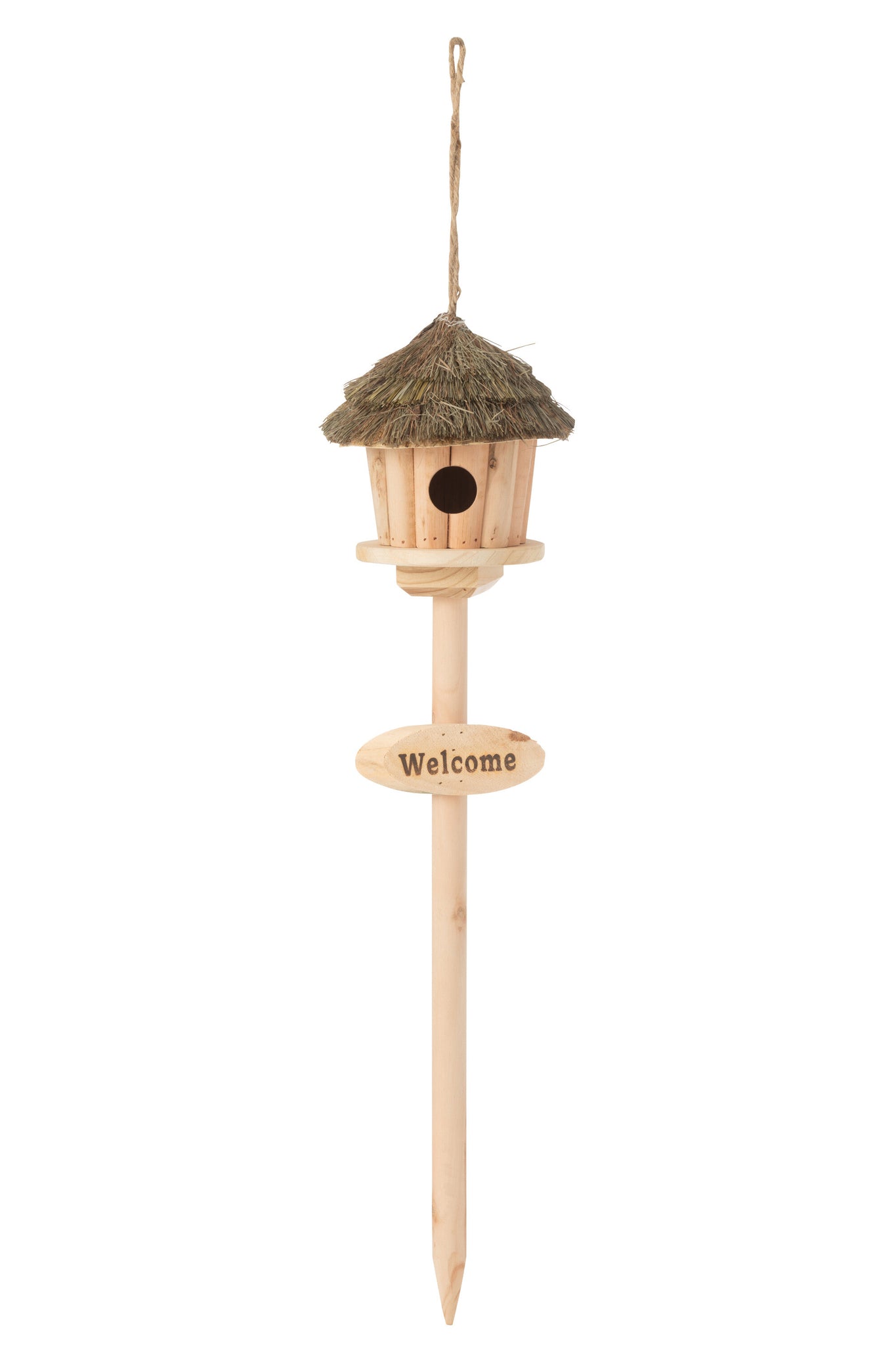 J-LINE VOGELHUISJE OP STANDAARD ‘WELCOME’ HOUT/GRAS NATUREL - Tuincentrum Lopik