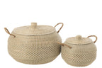 Set Of 2 Basket Handles+Lid Seagrass/Plastic Natural/White - Tuincentrum Lopik