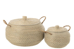 Set Of 2 Basket Handles+Lid Seagrass/Plastic Natural/White - Tuincentrum Lopik