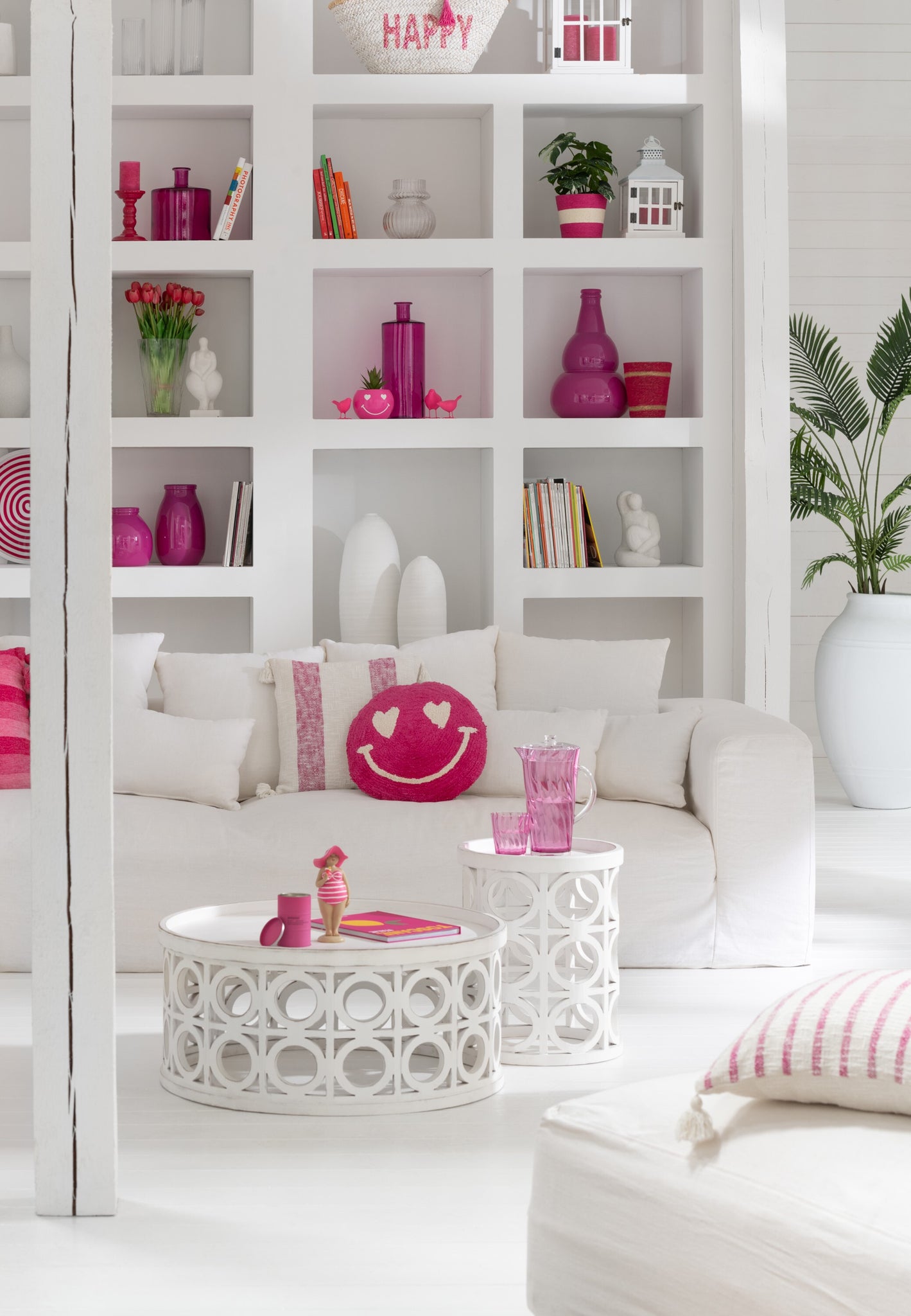 Kussen Smiley met knopen Katoen Roze/Wit - Tuincentrum Lopik
