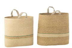 Set Of 2 Basket Stripe + Handle Natural/Green - Tuincentrum Lopik