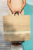 Set Of 2 Basket Stripe + Handle Natural/Green - Tuincentrum Lopik