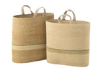 Set Of 2 Basket Stripe + Handle Natural/Green - Tuincentrum Lopik