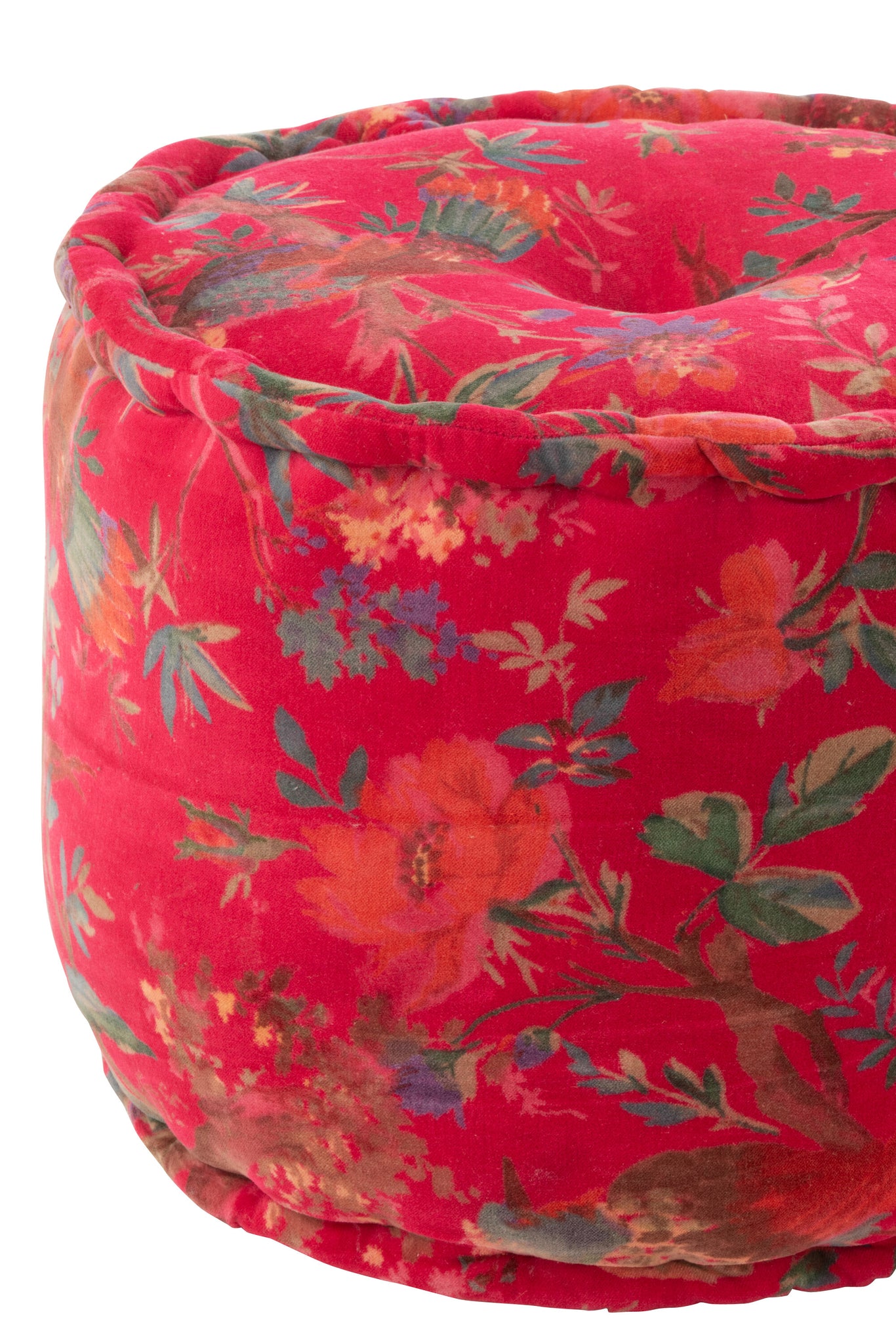 Ronde poef vogels/bloemen katoenfluweel roze - Tuincentrum Lopik